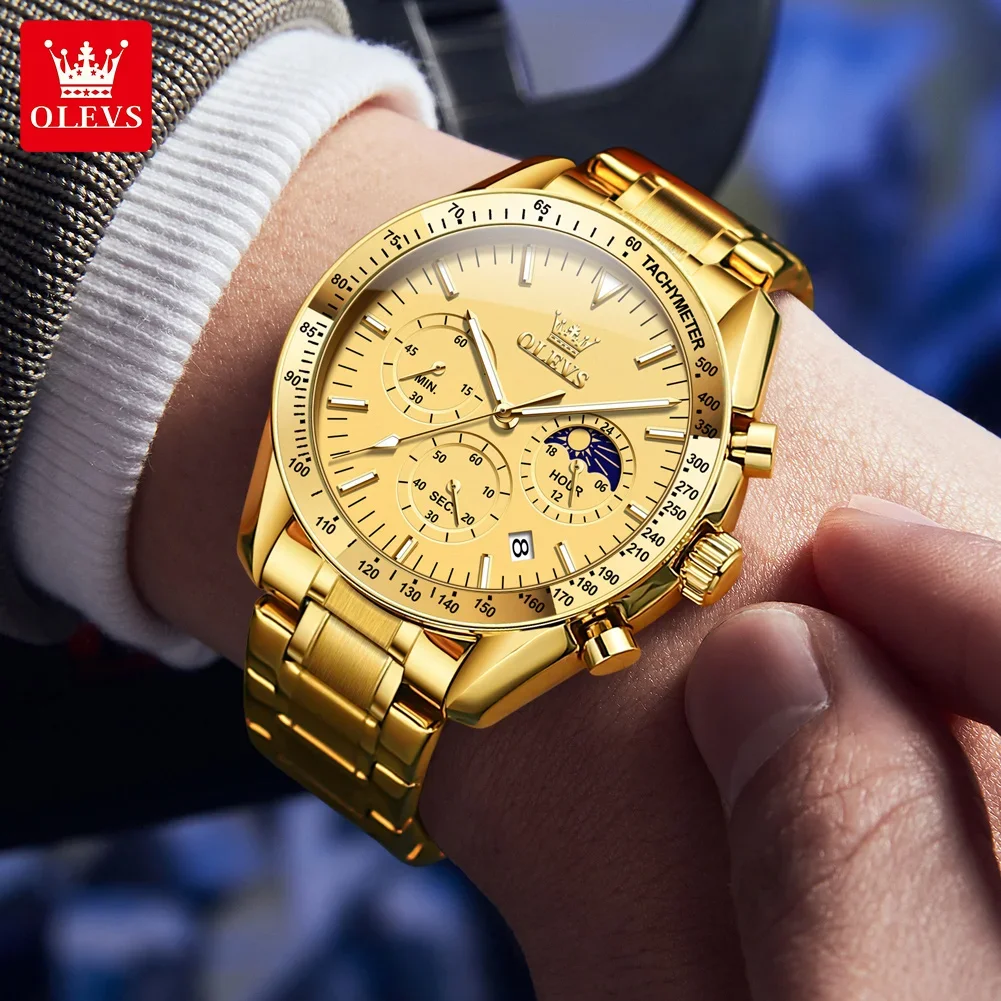 OLEVS 3618 Original Luxury Men's Watch Moon Phase Luminous Quartz Watch Waterproof Butterfly Buckle Date Trend Watches for Man