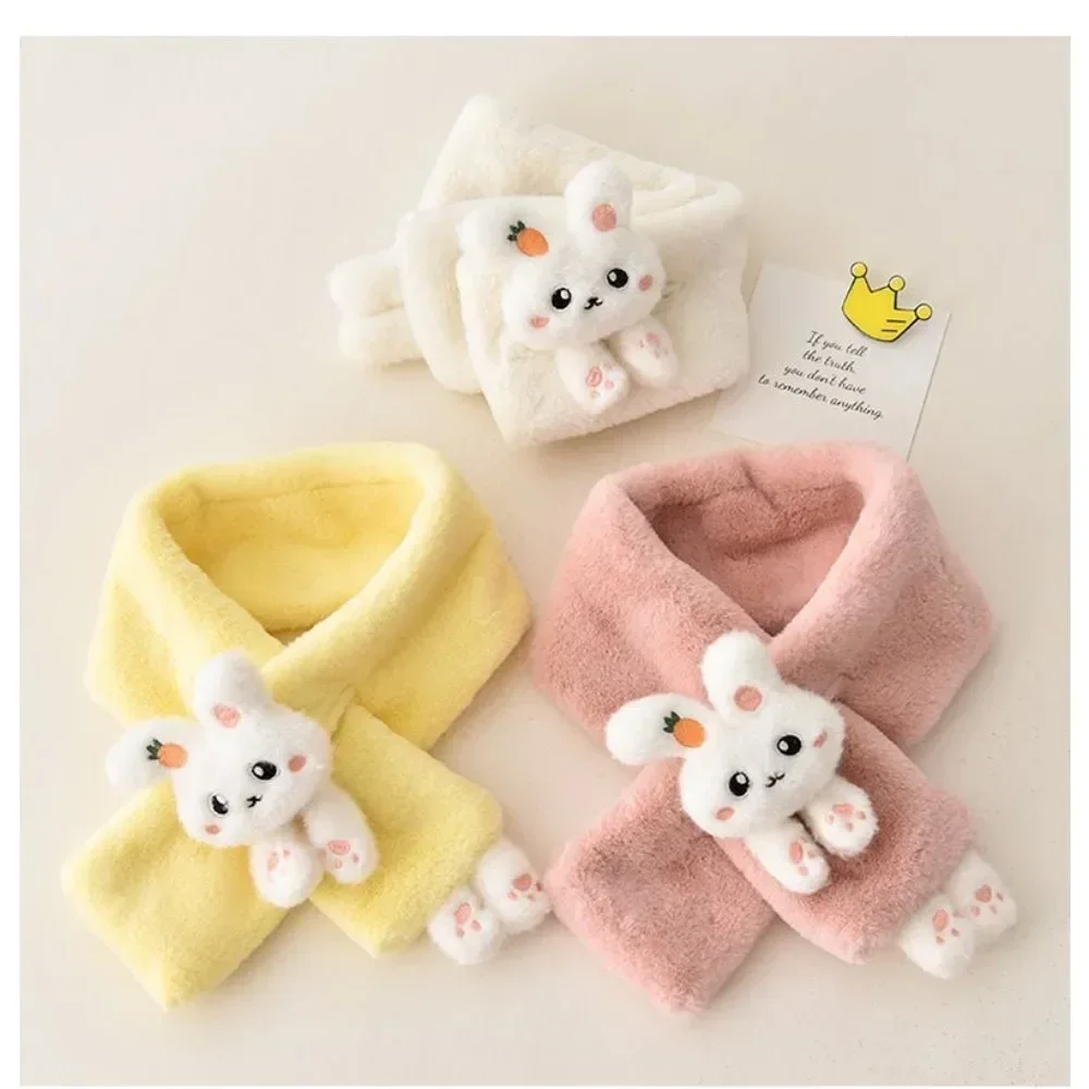 New Boys Girls Winter Scarfs Thick Plush Cross Children\'s Scarf Baby Bib Cute Cartoon Rabbit Faux Fur Neck Protection Warm Shawl