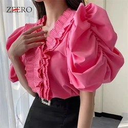 Summer Korean Patchwork Ruffles Shirts V Neck Short Puff Sleeve Womens Blouses Elegant Sweet Cropped Women Tops Blusas De Mujer