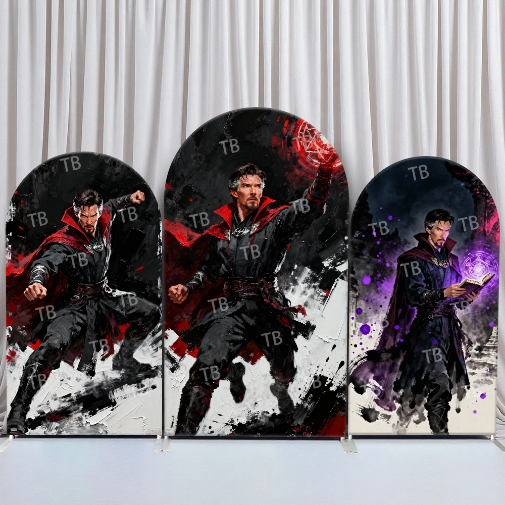 

Marvel Doctor Strange Arch Backdrop Cover Art Style Magic Red Design Children's Birthday Party Photo Booth Props for Decor