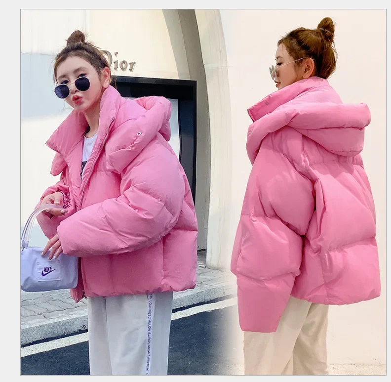 

2023 Winter New Korean Style Fluffy Hooded Bread Down Jacket Women Thick Loose Short Jacket