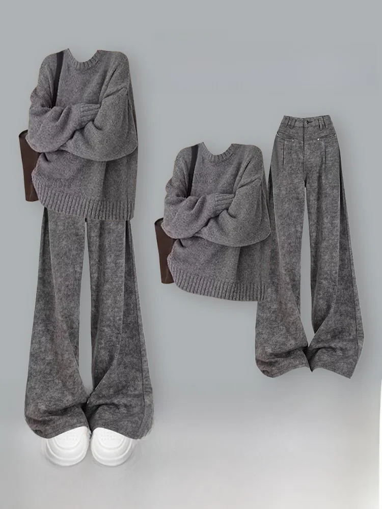 

Ретро-комплект из вязаного свитера и широких брюк для женщин, повседневный стиль, двухкомпонентный костюм, осенне-зимняя мода, одежда больших размеров