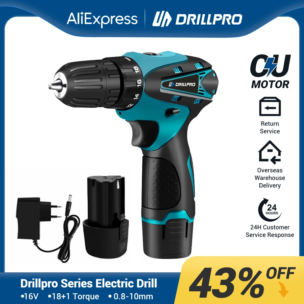 Drillpro 12MM 18+1 Torque Electric  Impact Drill Cordless Screwdriver With Lithium Battery Wireless Hand Drill DIY Power Tool