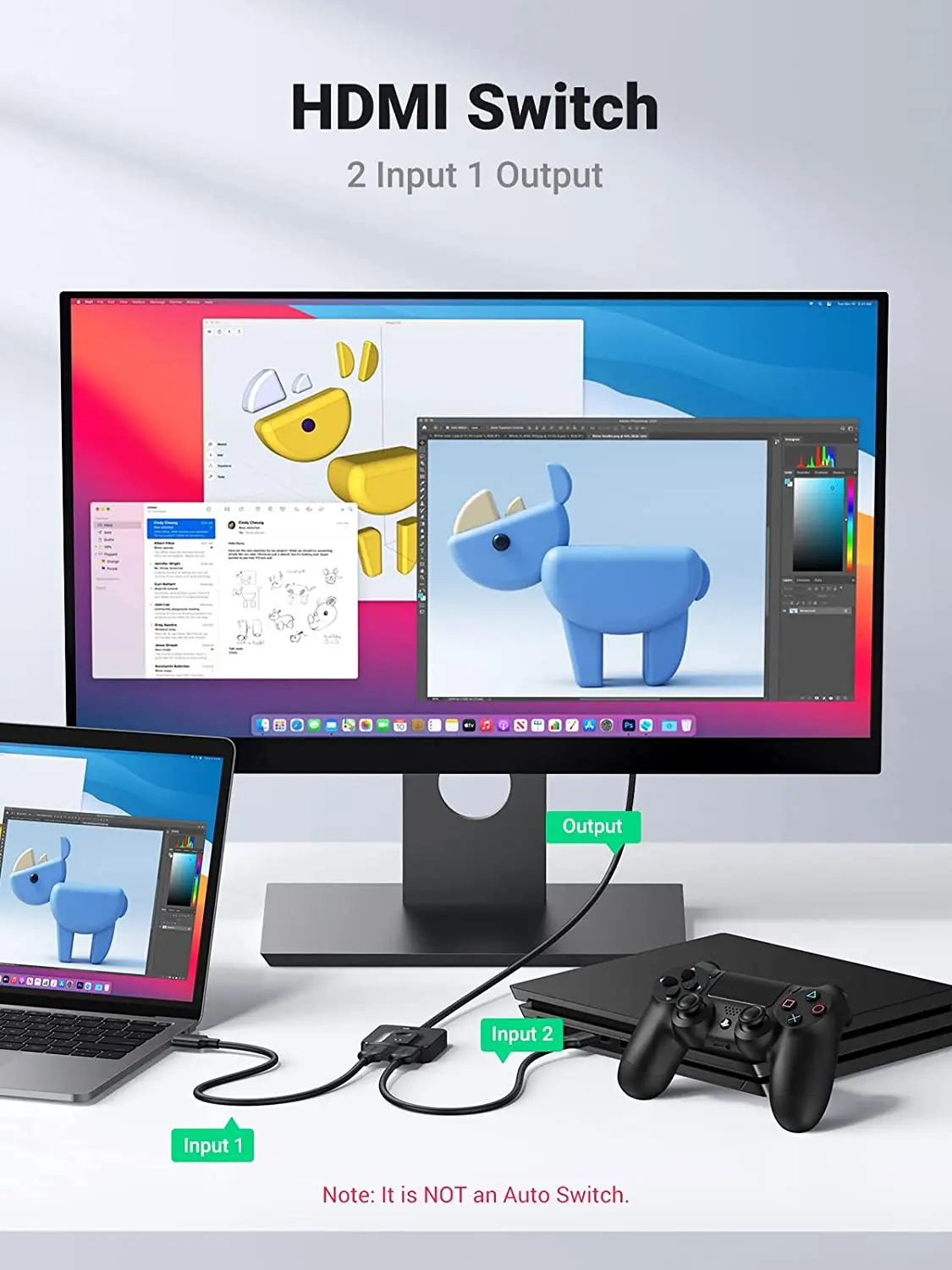 UGREEN HD-MI 스위치 4K@60Hz (3.3피트 HD-MI 케이블 포함) 양방향 분배기 2입력 1출력 HD-MI 스위처 박스