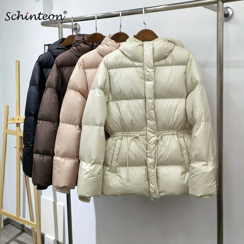 Schinteon Women Belted Down Jacket with Hood Autumn Winter Warm Thick Outwear White Duck Down Casual Coat 2025 New