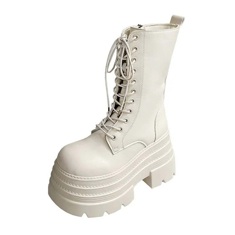 NEW 10.5CM Women High Platform Boots Gothic Leather Punk Shoes Female Ankle Short Combat Boot Wedge Heels Chunky Motorcycle Boot