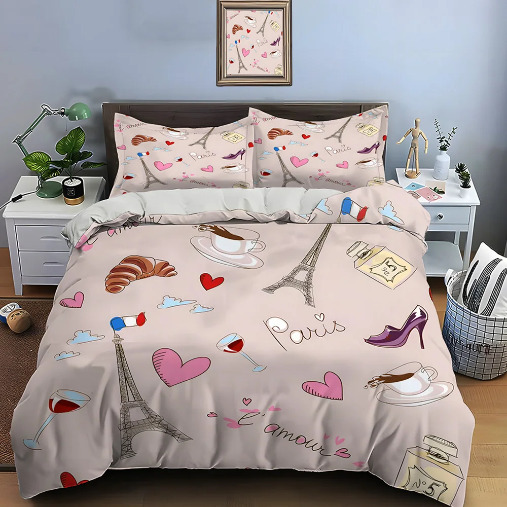 

Romantic French-themed Illustration Bedding Set for Kids Luxury Gift 3pc Digital Print Comforter Set Soft Comfortable Breathable