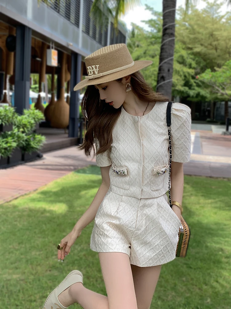 Aoi Summer Y2k Fashion Two-Piece Set Women Socialite Elegant Relief Luxury Diamonds Cardigan Tops+High Waist Shorts Skirt Suit