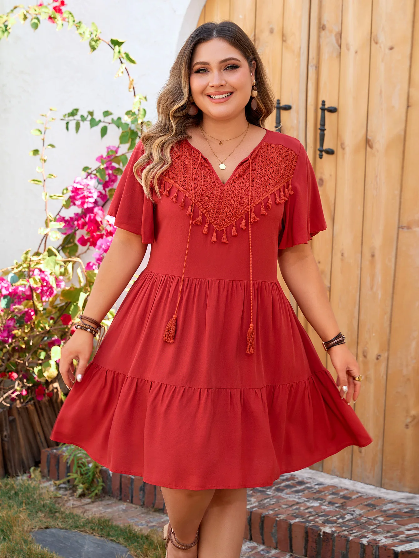 KEBY ZJ Plus Size Ethnic style Tassel Tie Neck Summer A-Line Dress 2024 New Women Short Sleeve Holiday Boho Ruffled Mini Dresses