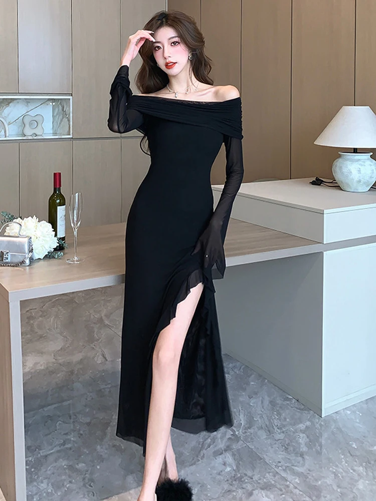 Women Clothes Mesh Black Sexy Off-Shoulder Skinny Maxi Long Evening Dress Elegant Lady Fashion Party Club Prom Vestidos Robe New