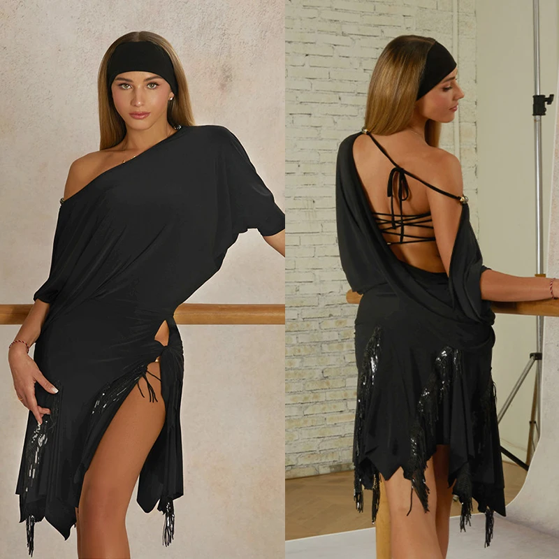 

Black Bat-Sleeved Dress Sequin Tassels Slit Hem ZYM Latin Dance Wear Dress Women Cha Cha Rumba Dance Performance Costume Adult