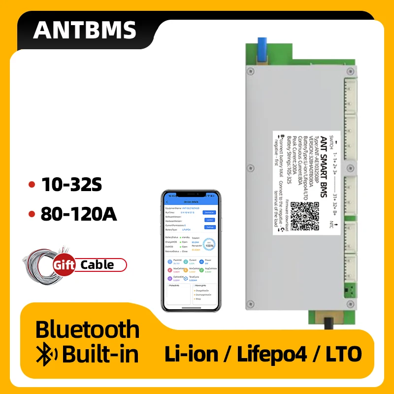 

ant smart bms 10S 12S 13S 14S 16S 17S 20S 24S 26S 32S Li-Ion LiFePo4 LTO 18650 Battery 80A 100A 120A bluetooth Built-in Balance