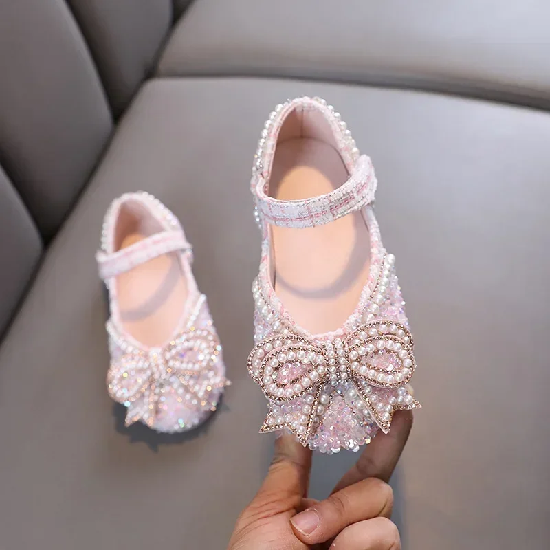 Girls Shoes Bling Single Shoes for Stage Performance Mary Janes Bow Crystal Glitter Wedding Flats Dance Party Leather Shoes New