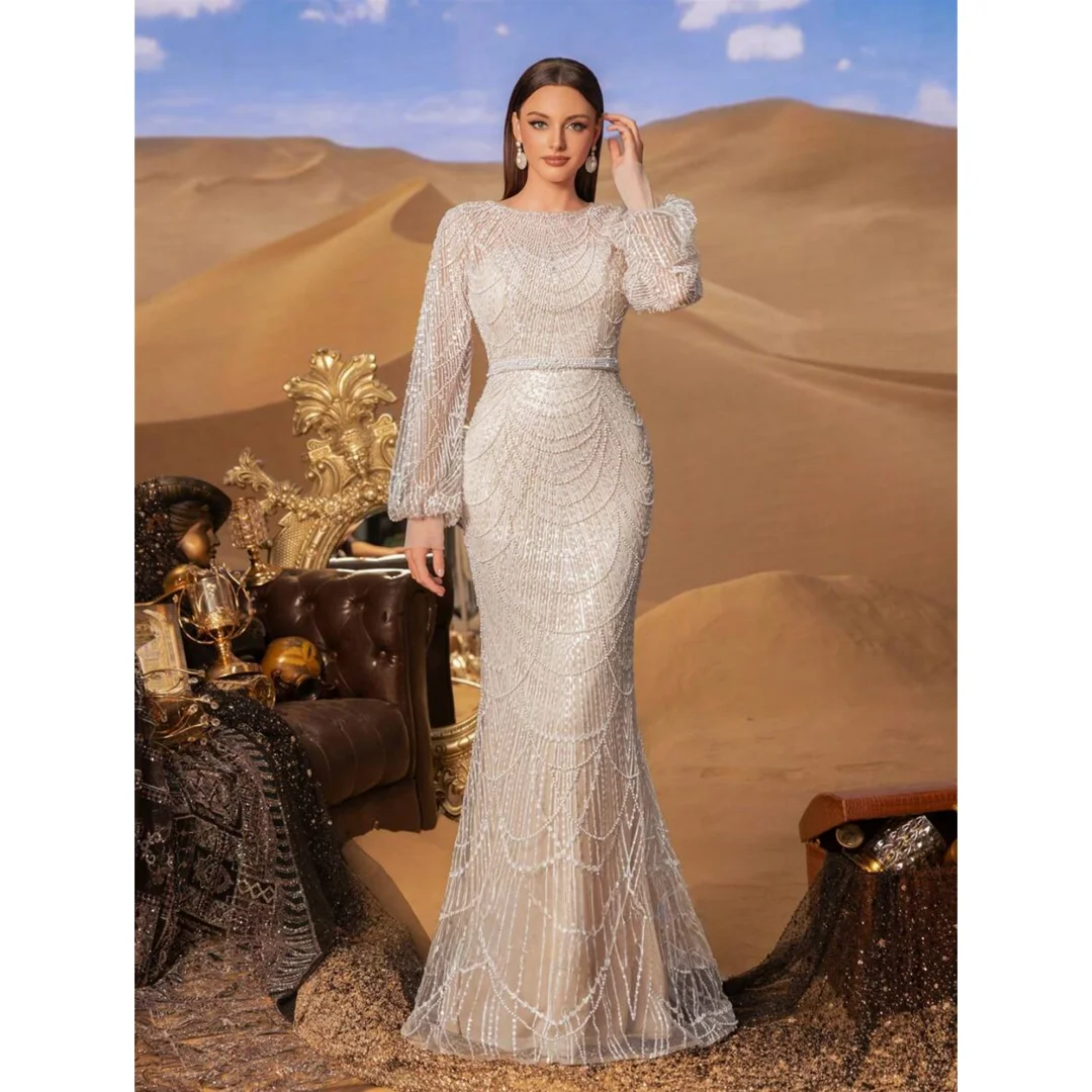 

Mina Customized Ivory White Evening Dress Luxury Elegant Womens Party Dresses for Special Occasions Beads Sequins. Long Sleeves