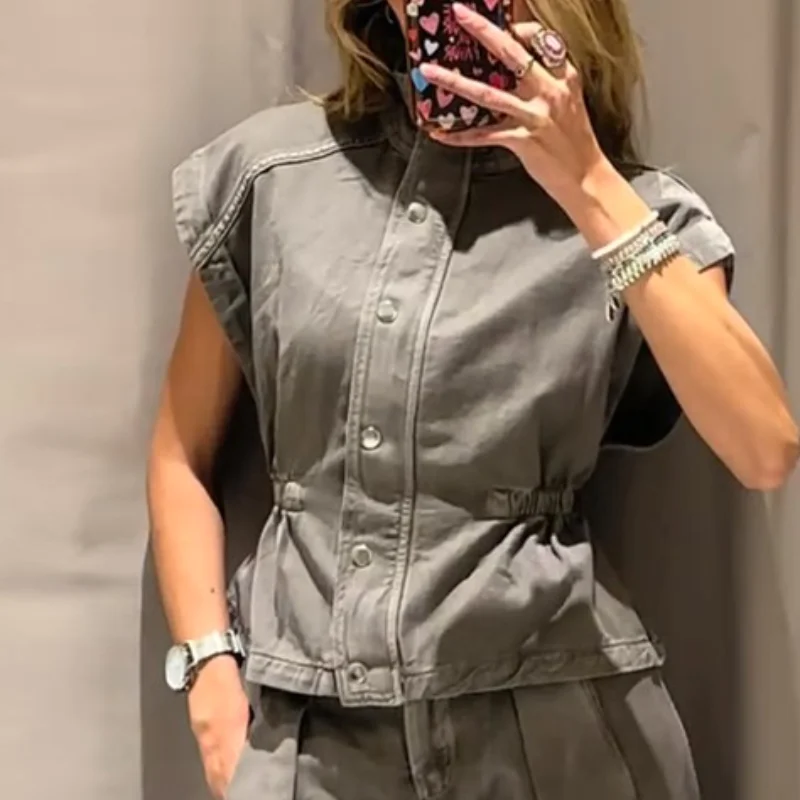

Shpmishal Denim Vest Loose Long Pants Woman Set High Neck Single Breasted Waist Cinched Tops High Waist Trousers Lady New Sets