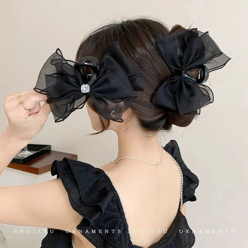 

Korean Advanced Sense Large Bow Mesh Hair Claw for Women Temperament Back Head Shark Clip Headwear Barrette