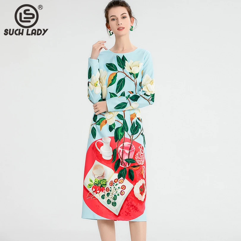 

Women's Runway Dress O Neck Long Sleeves Floral Printed Fashion Casual Pencil Dresses Vestidos