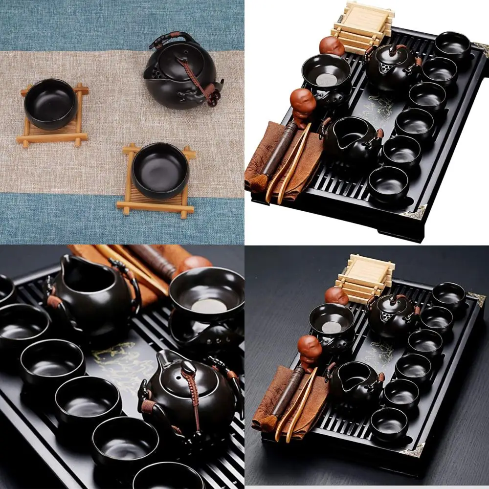 

Black Ceramic Kung Fu Tea Set with Tray and Tools, Porcelain Tea Service
