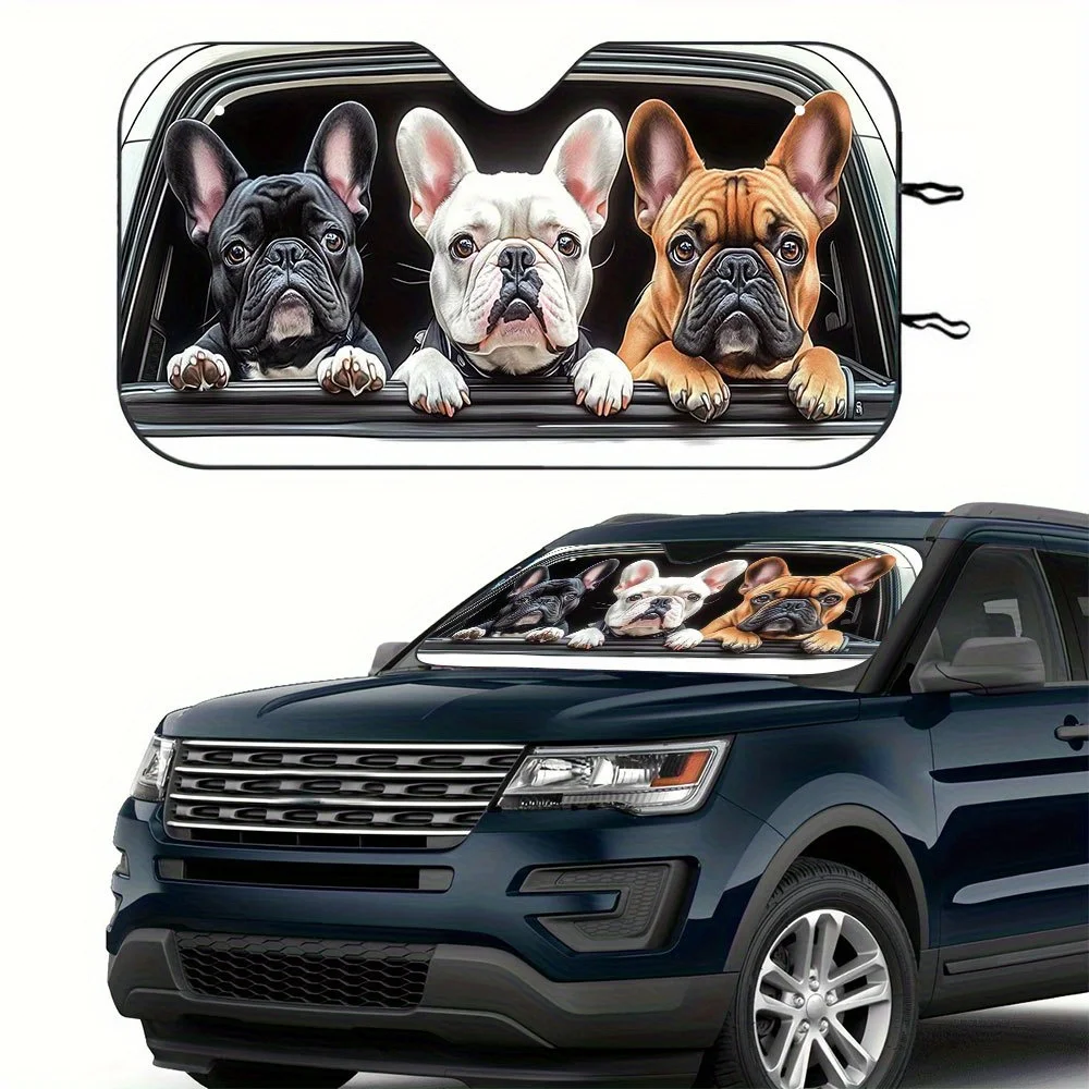 

1pc French Bulldog Car Windshield Sun Shade, UV Protection, Foldable Polyester Cover, 57.09x27.56 Inch, With 2 Free Suction Cups
