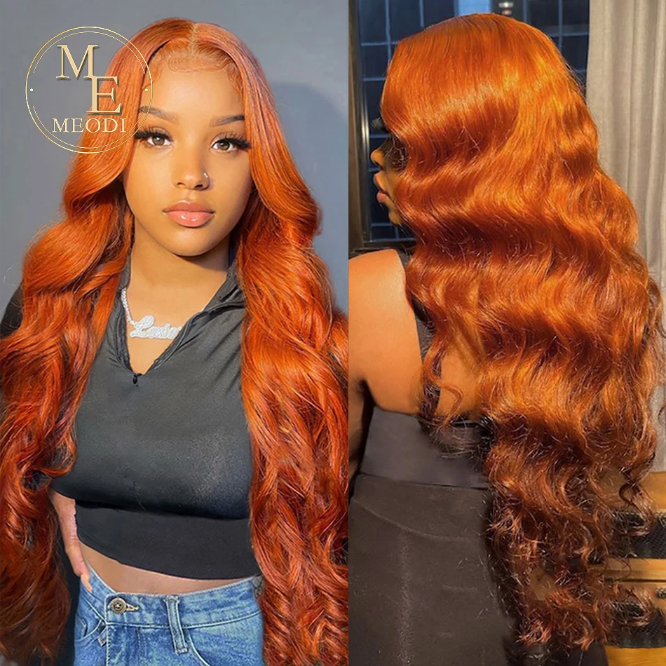 Perruque Lace Front Wig Body Wave Brésilienne Naturelle, Cheveux Orange, 13x4, 13x6, HD, Sans Colle, Pre-Plucked, 30 Pouces, pour Femme