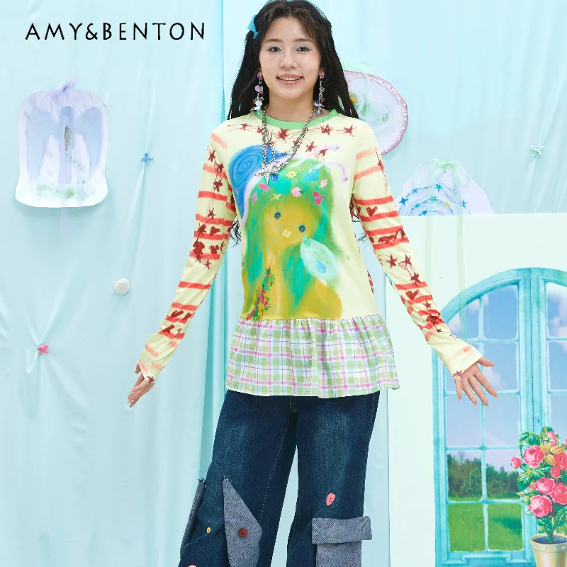 

2026 Autumn New Long-sleeved Women's Bottoming Shirt Japanese Design Sweet Cute Y2k Colorful Splicing Loose Thin T-shirt Ladies