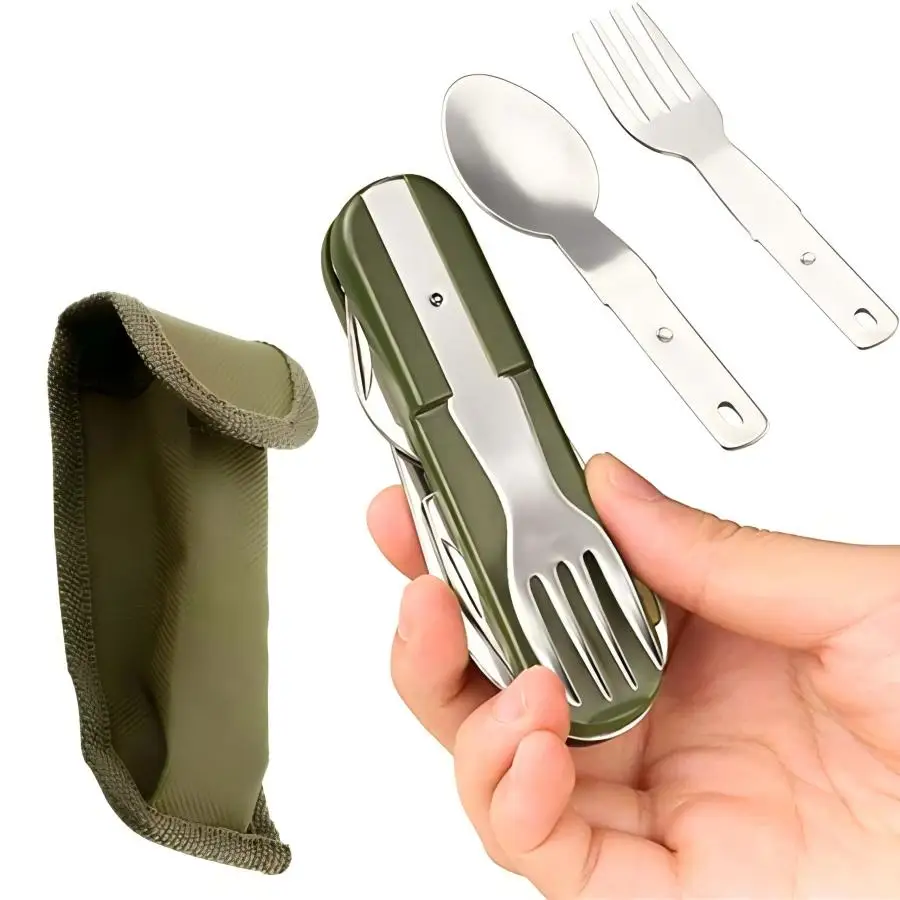 1PC Detachable Camping Tableware Set,Portable 7-in-1 Stainless Steel Travel Tableware,Multifunctional Folding Tableware