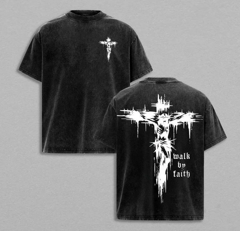 

Walk By Faith Oversized T-shirt: Christian with A Cross Street Clothing Personality Leisure Do Old Wash Retro High Quality Tops