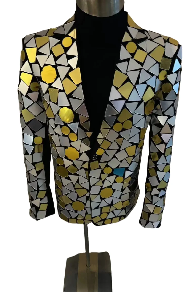 Customized New Fashion Men's Gold Silver Full Mirror Lens Jacket Stage Show Party Dress Costumes Singer Host Performance Coat