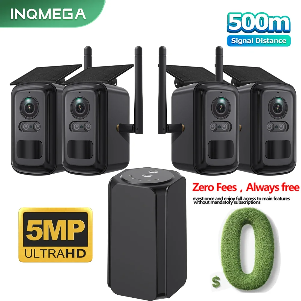 INQMEGA 5MP Kabelloses Solar-Kamerasystem 4-Kamera-Set Outdoor WLAN Solar-Sicherheitskamera-Set 2-Wege-Audio Keine Gebühren Immer Kostenlos