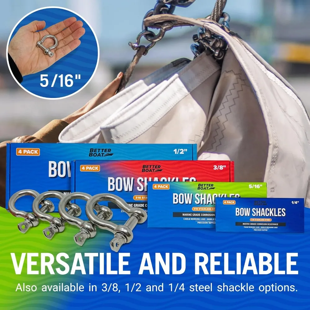 316 Stainless Steel D-Ring Shackles, 4-Pack, 1/2", 3/8", 5/16", 1/4", Marine Grade for Boat, Sailboat, Chain, Rigging view 4