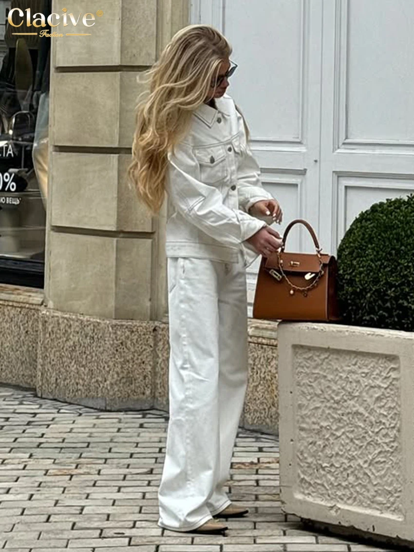 Clacive Fashion Loose White Woman 2 Piece Set Outfit 2026 Elegant Long Sleeve Shirt With High Waist Wide Pants Set Streetwear