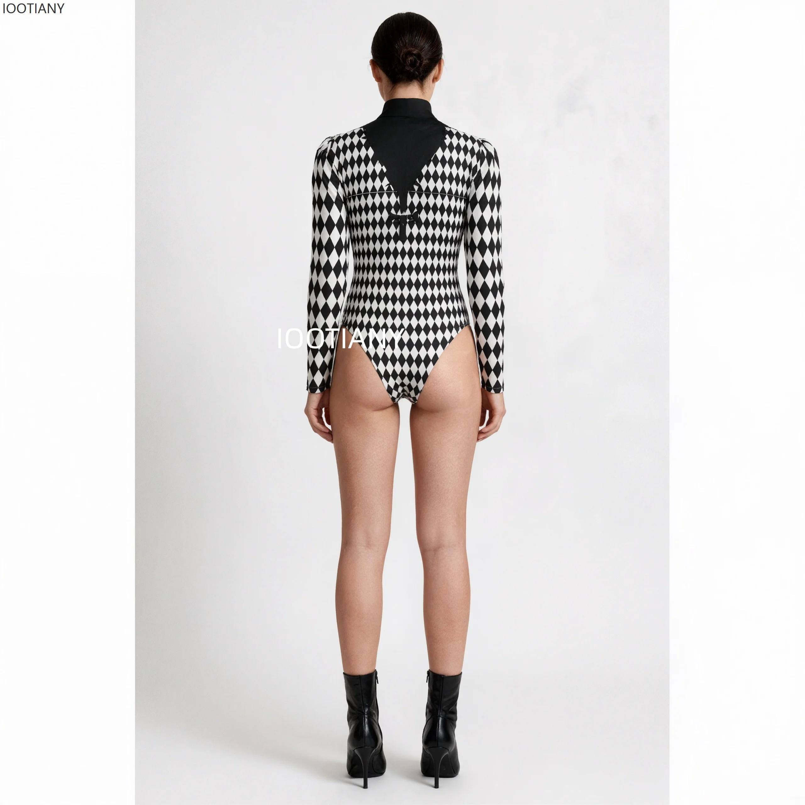 Women Gothic Clown Circus Swimsuit Long Puff Sleeve Black White Diamond Plaid Jumpsuit Halloween Party Stage Performance Outfit view 6