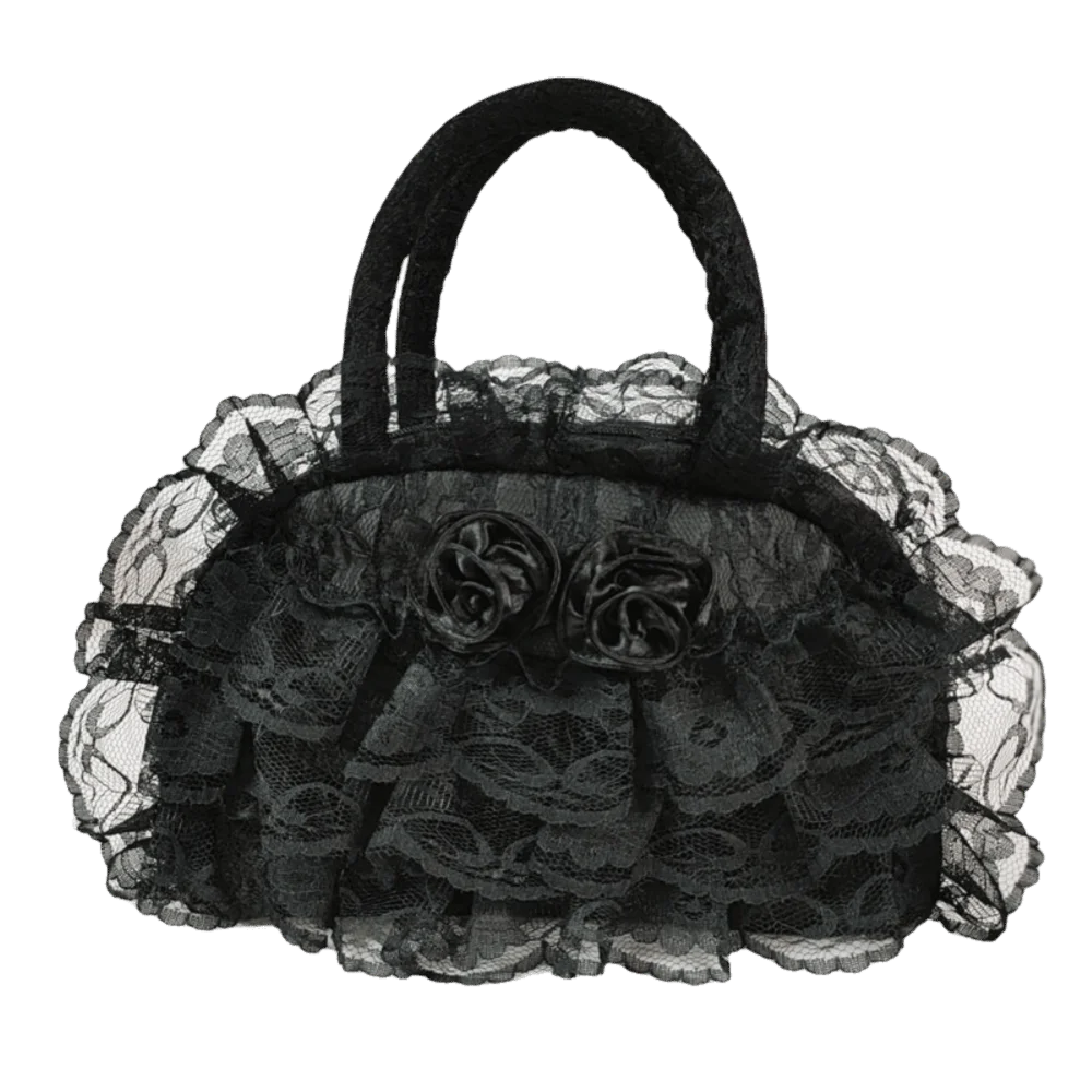 

Polyester Material Ruffled Lace Handbag Multilayer 3D Fabric Rose Lolita Bag Zipper Closure Dome Top Handle Small Tote Bag