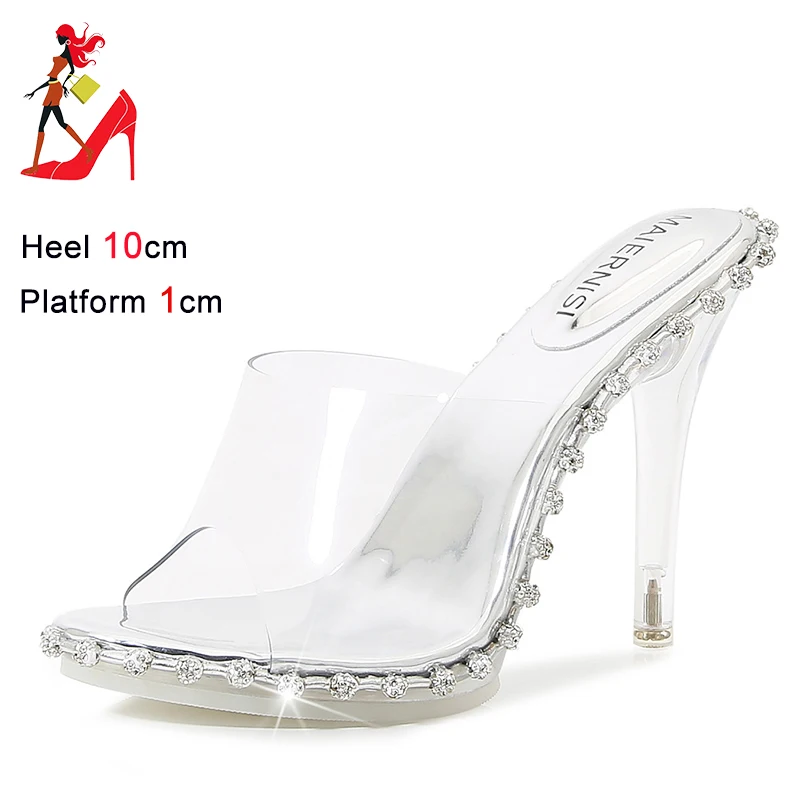 2024 New Lady Transparent High Heels Summer Luxury Crystal Sandals 10CM Women Elegant Party Shoes Designer Rhinestone Slippers