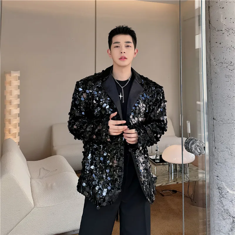 Korean Men\'s Sequins Blazer Jackets Party Performance Singer Stage Shiny Clothing Black Silver Oversize Suit Coat Man