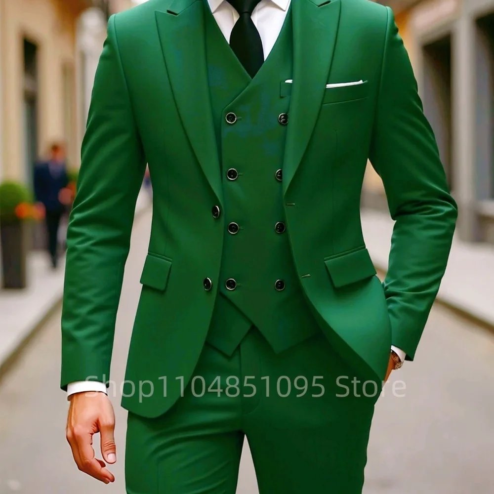 우아한 그린 3피스 남성용 웨딩 수트 슬림핏 피크 라펠 정장 재킷 조끼 바지 턱시도 세트 베스트맨 신랑 남성용