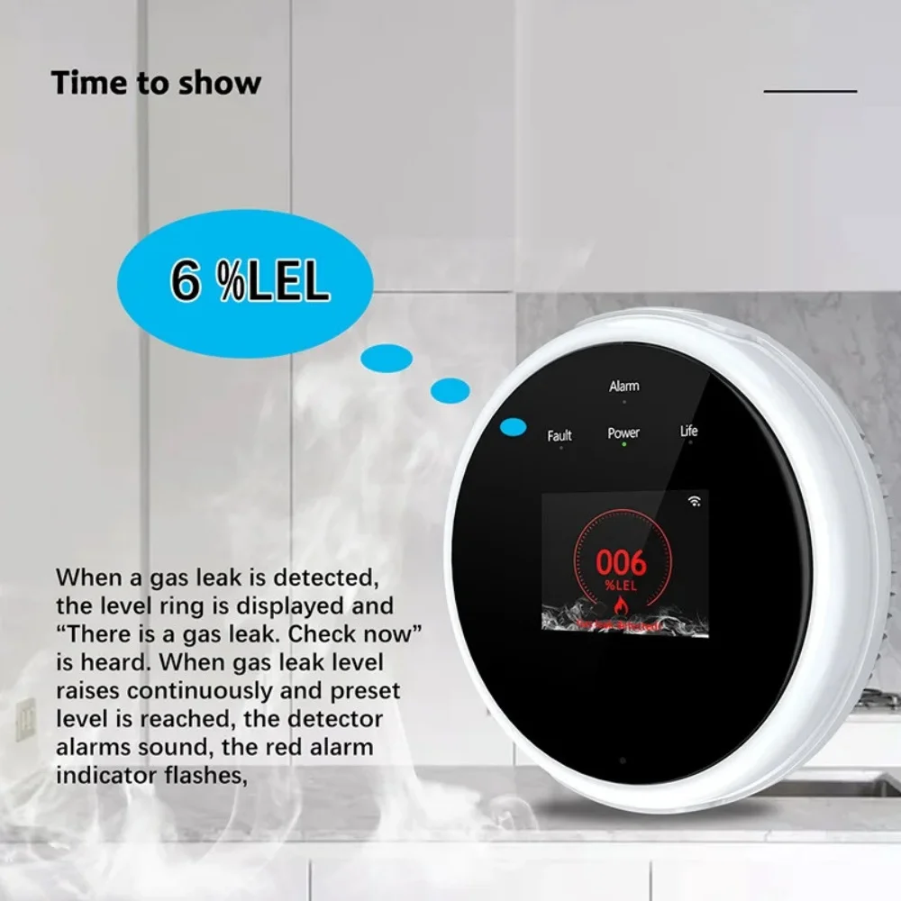 WiFi Tuya App Function Kitchen Natural Gas Leak Alarm Sensor Temperature LCD Digital Display Sound Siren Combustible Detector