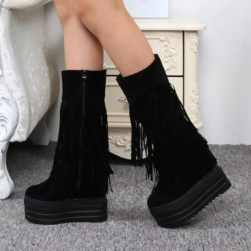 Autumn and winter fringed boots inside thickening 14 cm ultra high heel Women's boots in the tube muffin bottom female snow boot