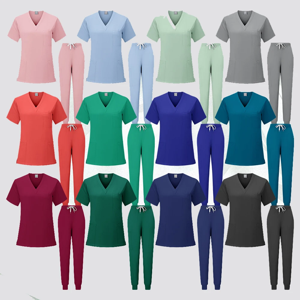 Stretch Scrub Set Medical Uniform Health Service Scrub Tops with Pocket Pants Beauty Salon Workwear Surgery Doctor Nurse Uniform