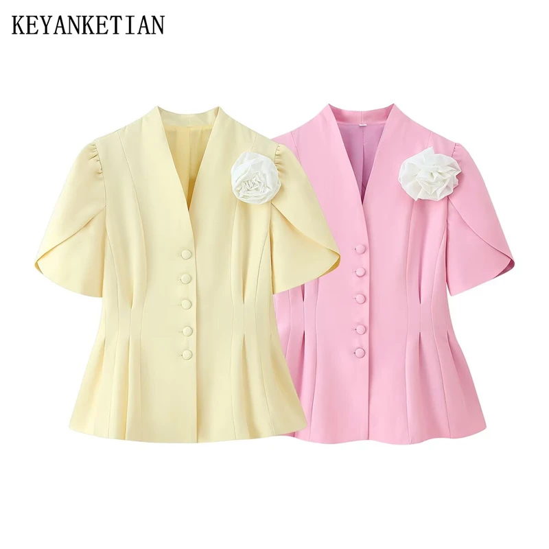 

KEYANKETIAN 2025 Summer New Women Applique Decoration Slit Short Sleeve Suit Coat Stand collar Single Breasted Fashion Slim Top