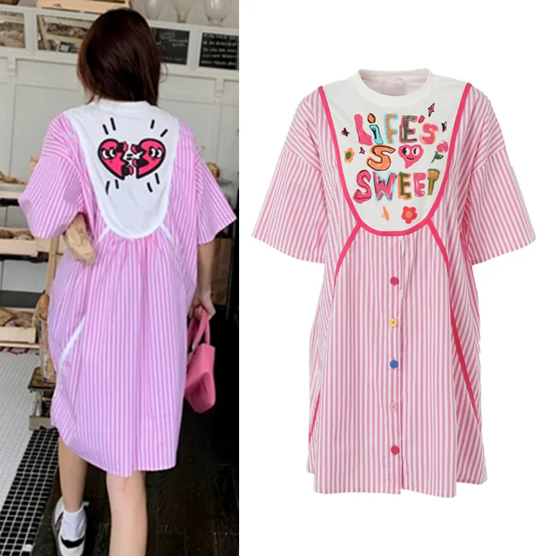 

Summer Dresses Women Dress Short Sleeve Pink Stripped Casual Loose Cartoon Letters Ladies Print Dresses Vestidos de Fiesta NZ194