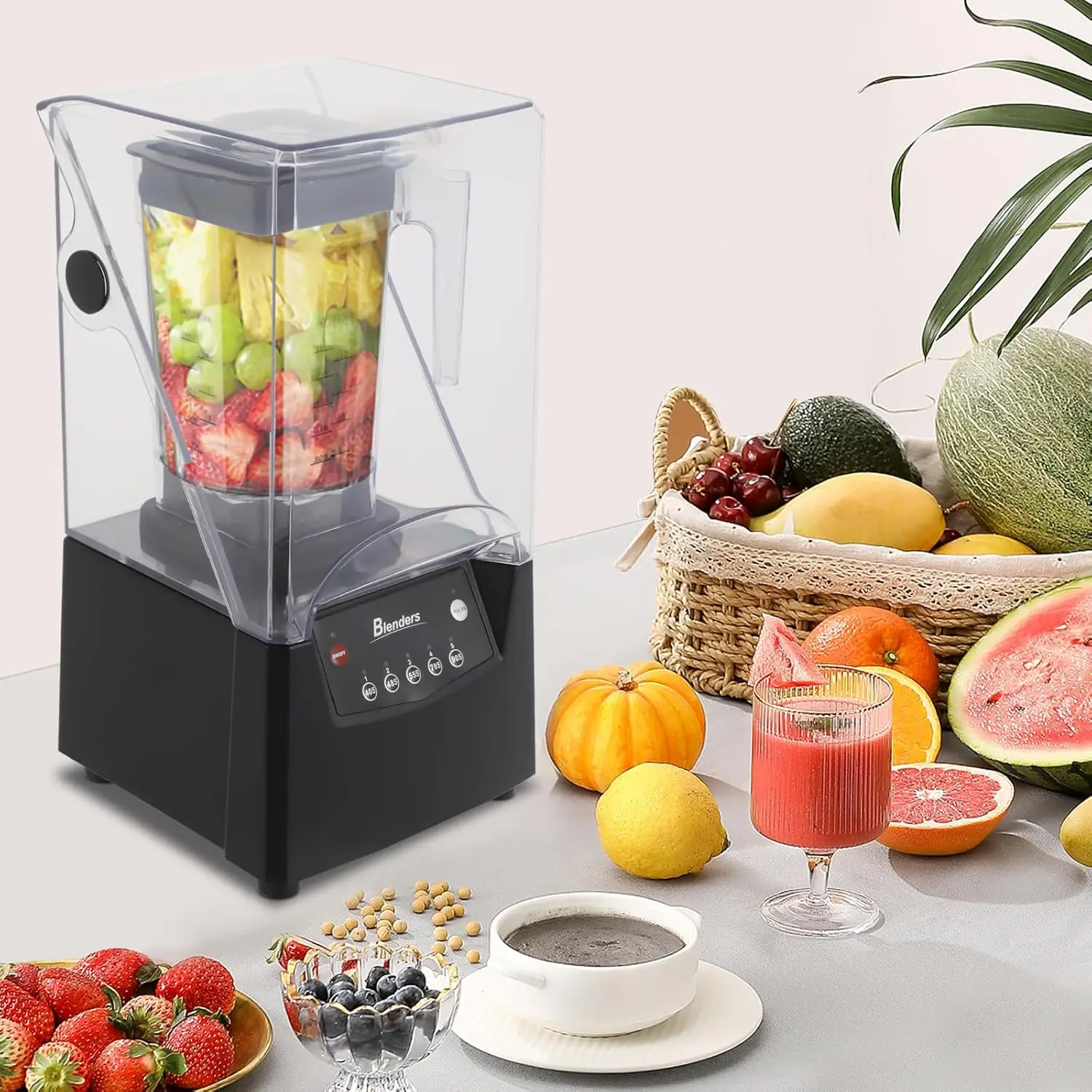 Commercial Blender, 0.48 Gal Soundproof Smoothie Machine with Removable Shield, Versatile Professional Countertop Blender, 2600w