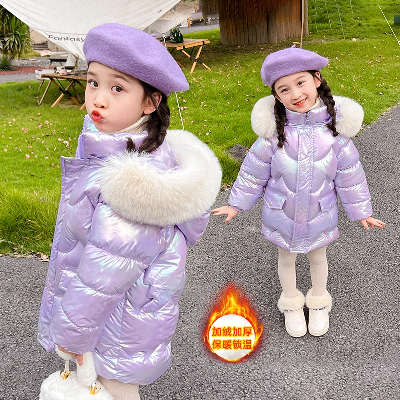 New Girls Shiny Jackets Winter Kids Warm Coats Children Snowsuit Thick Hooded Outerwear Teenage Cotton Clothes Parkas 3-10 Years