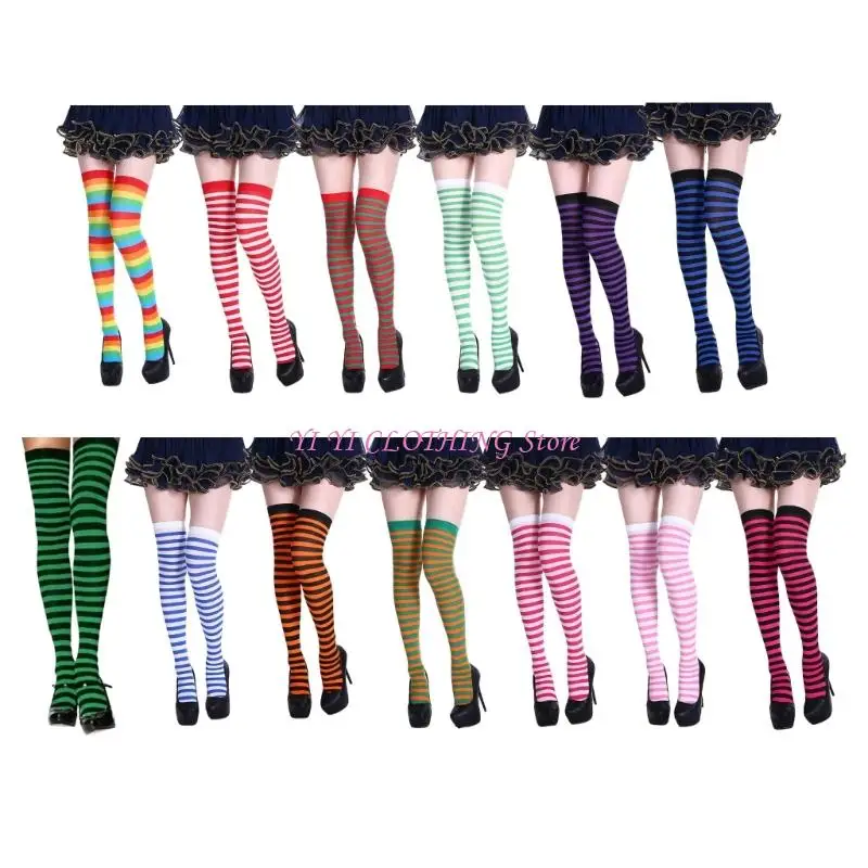 N5KF Women Christmas Stripe Over Knee Thigh High Long Stockings for Carnivals Party