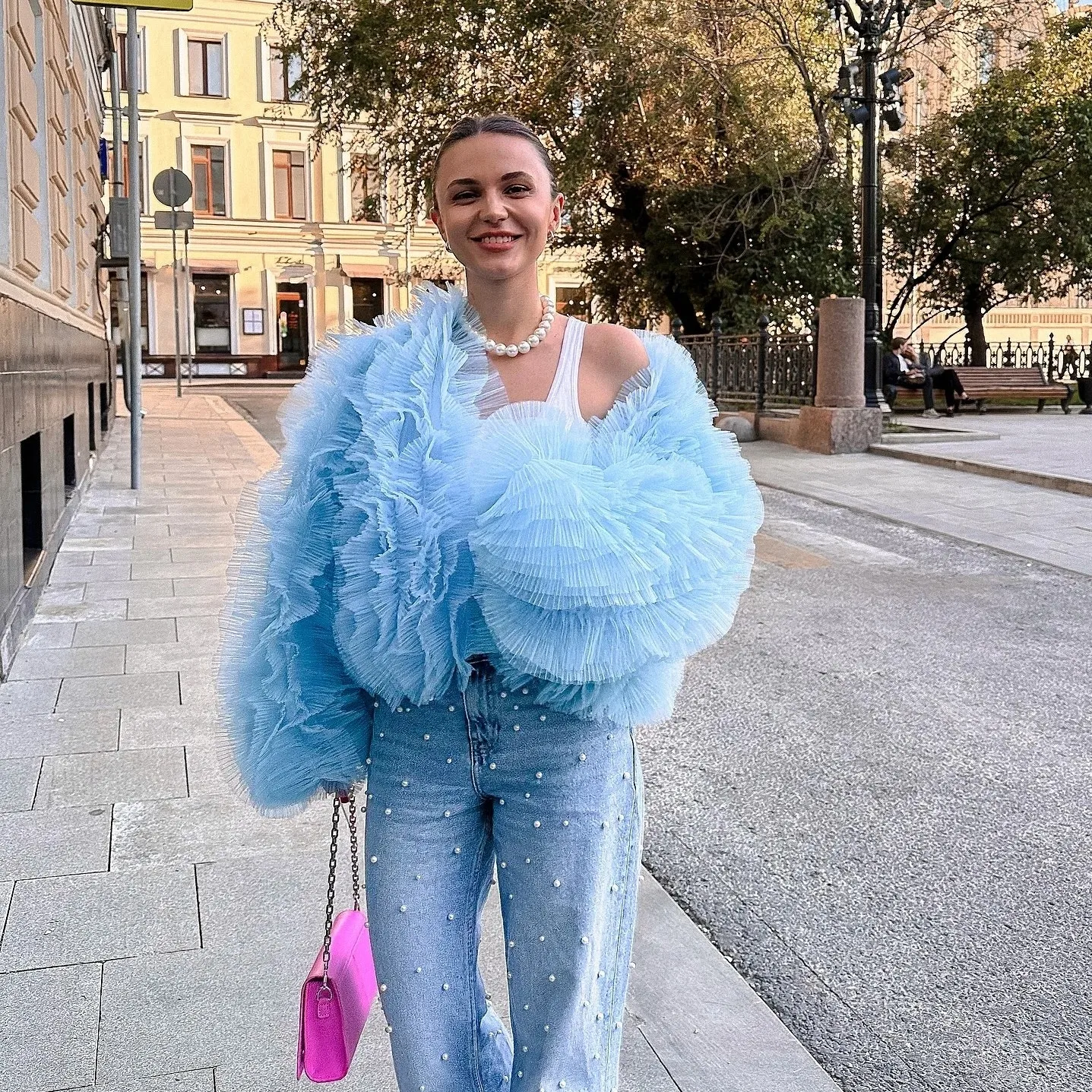 

Fashion Sky Blue Jacket Women Handmade Female Jacket Coat Full Sleeves Jacket Blouse Layered Cape