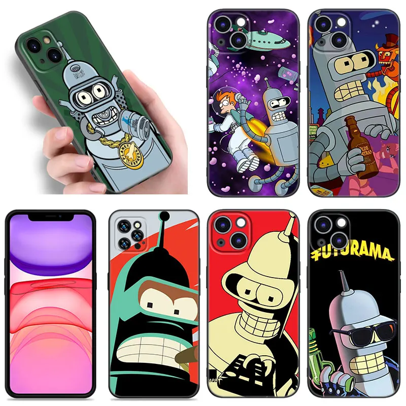 Cartoon Futurama Bender Phone Case For Apple iPhone 12 13 Mini 11 14 15 Pro Max 7 8 + X XR XS SE 2020 2022 Black Silicone Case