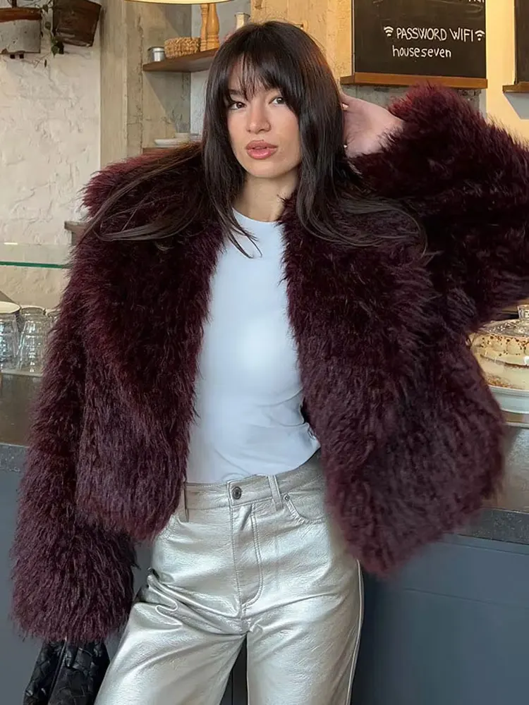 

HH 2024 Winter Women's Street Fashion Fur Thick Coat Artificial Fur Effect Lapel Collar Long Sleeves V-Neck Casual Warm Plu