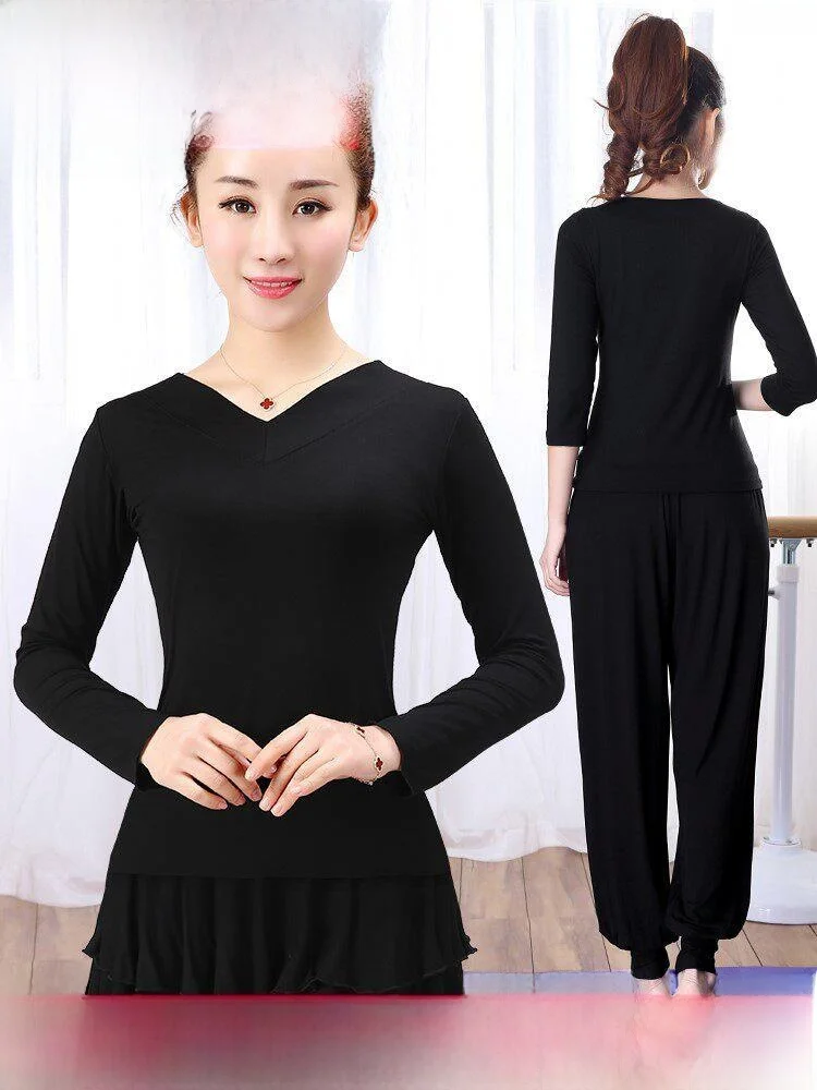 women's-dance-practice-suit-long-sleeve-modal-top-black-spring-autumn-latin-dance-clothing-square-dancing-fitness-sportswear