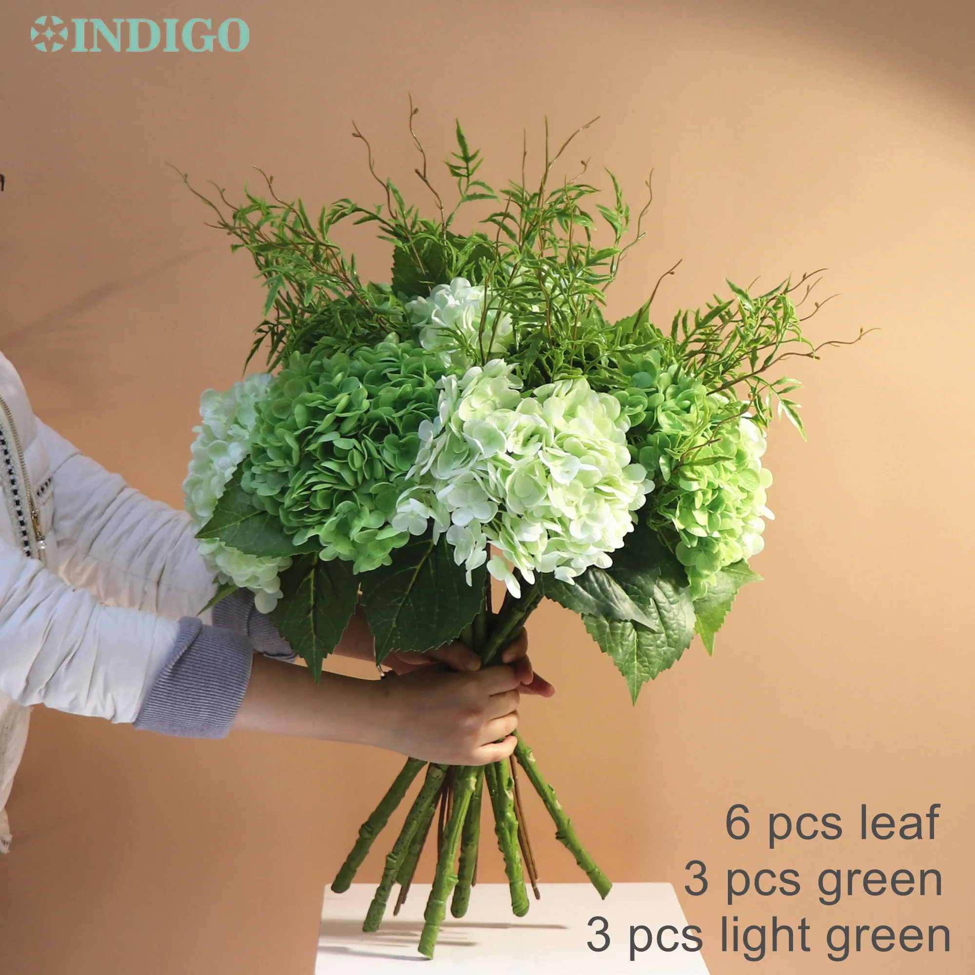 INDIGO-Plastic Artificial Flower Bouquet, Real Touch Table Centerpiece, Green Willow, Arrangment Decoration, Hydrange, 12 PCS