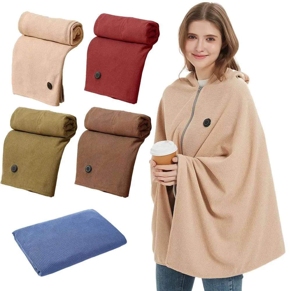

Soft Zippered Electric Blanket with Hat Adjustable 3 Heat Levels USB Heated Shawl Quickly Heating Washable